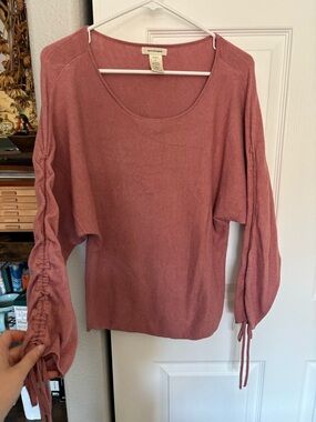 Max Studio Rose Pink Scoop Neck Pullover with Ruched Tie Sleeves